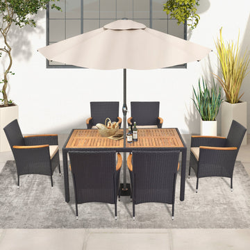 Costway 7-Pc Outdoor Rattan Patio Dining Set w/ Umbrella Hole 82947153 New