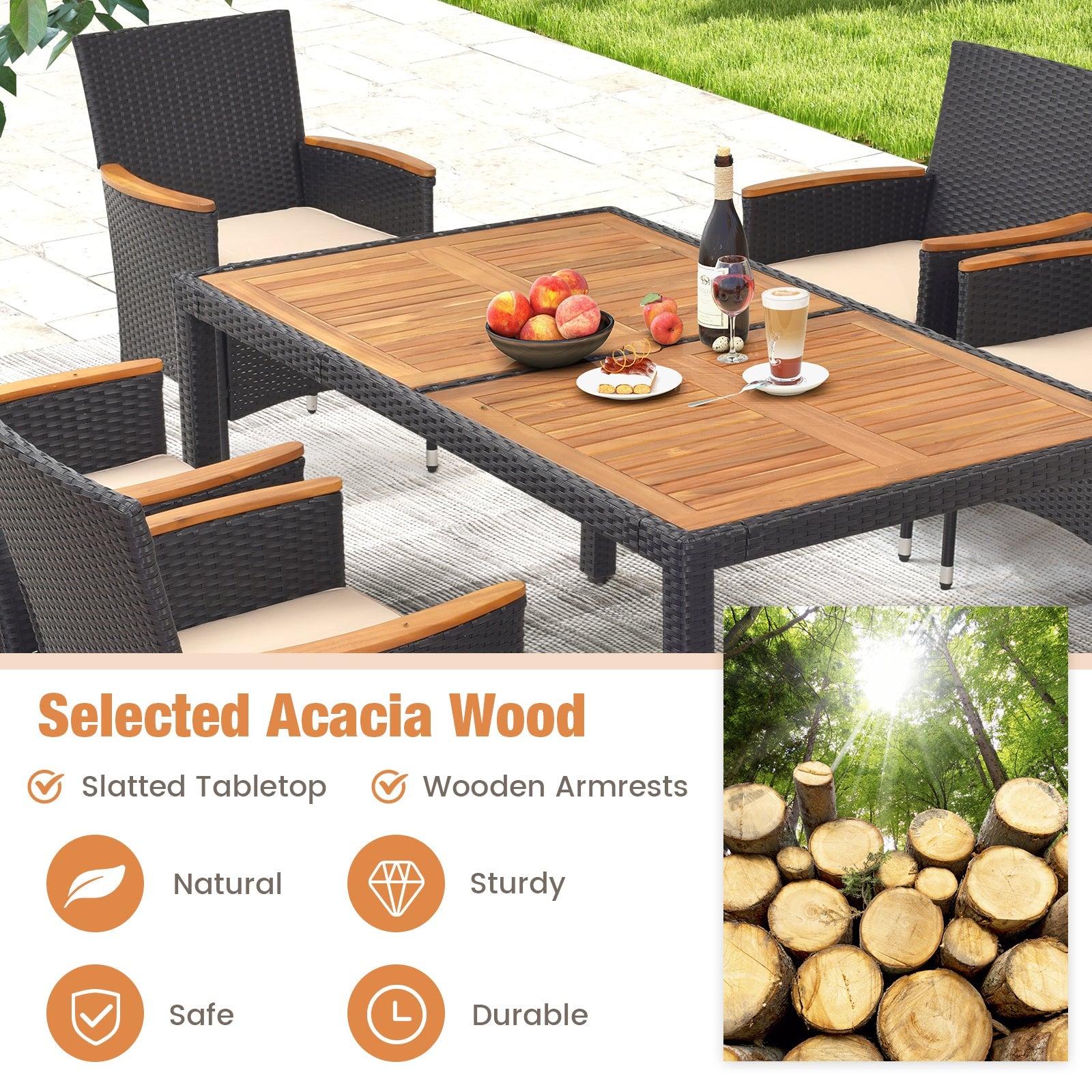 Costway 7-Pc Outdoor Rattan Patio Dining Set w/ Umbrella Hole 82947153 New