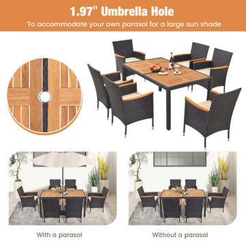 Costway 7-Pc Outdoor Rattan Patio Dining Set w/ Umbrella Hole 82947153 New