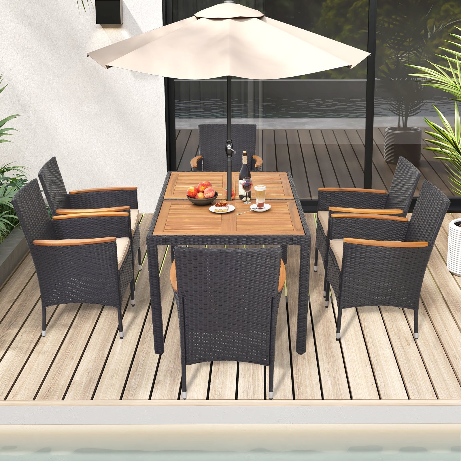 Costway 7-Pc Outdoor Rattan Patio Dining Set w/ Umbrella Hole 82947153 New