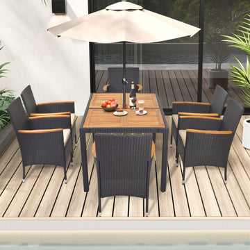 Costway 7-Pc Outdoor Rattan Patio Dining Set w/ Umbrella Hole 82947153 New