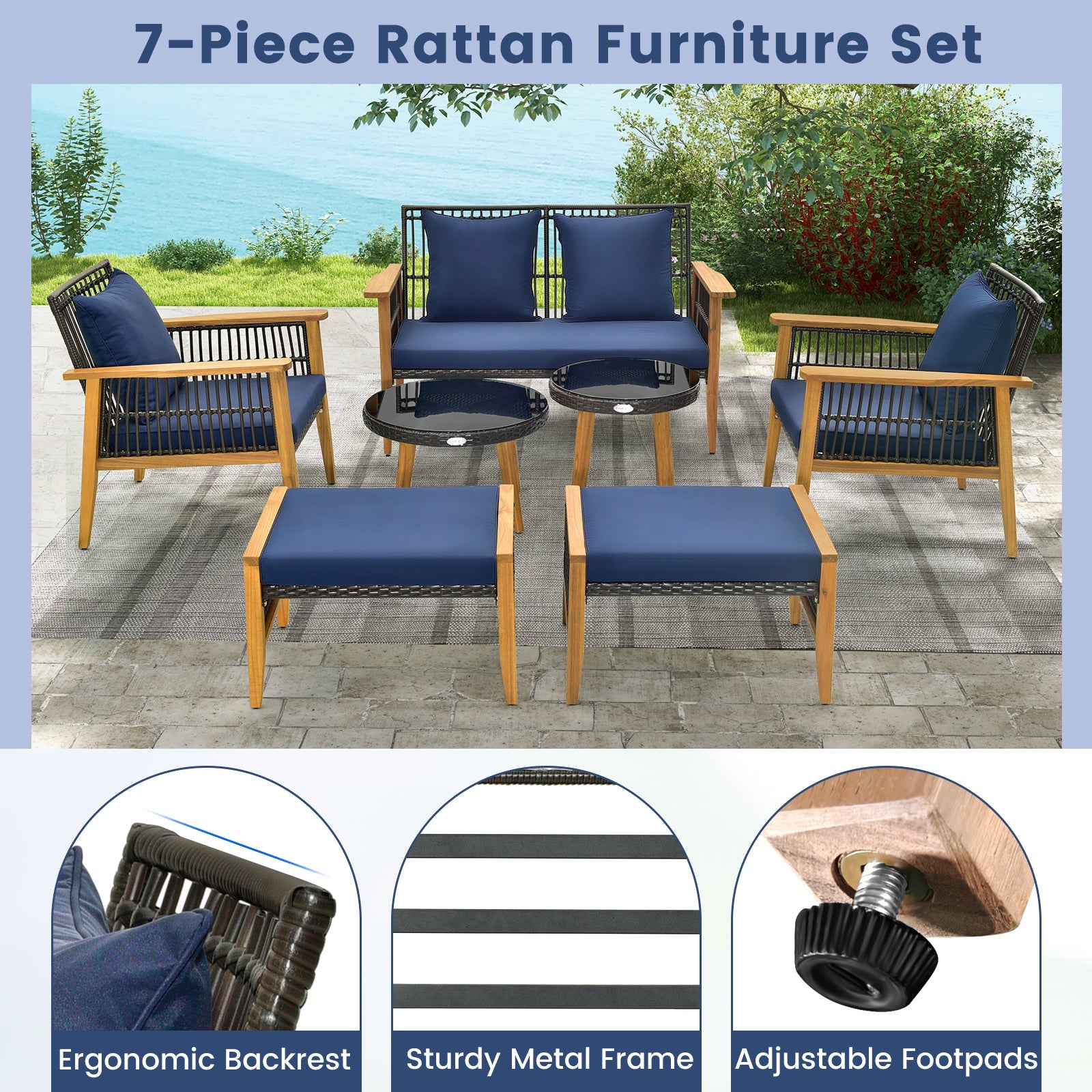 Costway 7-Piece Outdoor Conversation Set Acacia Wood Frame Navy Cushions 14378659 New