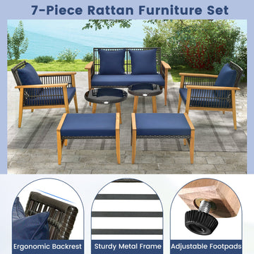 Costway 7-Piece Outdoor Conversation Set Acacia Wood Frame Navy Cushions 14378659 New