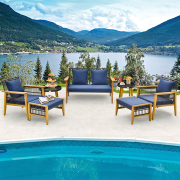 Costway 7-Piece Outdoor Conversation Set Acacia Wood Frame Navy Cushions 14378659 New
