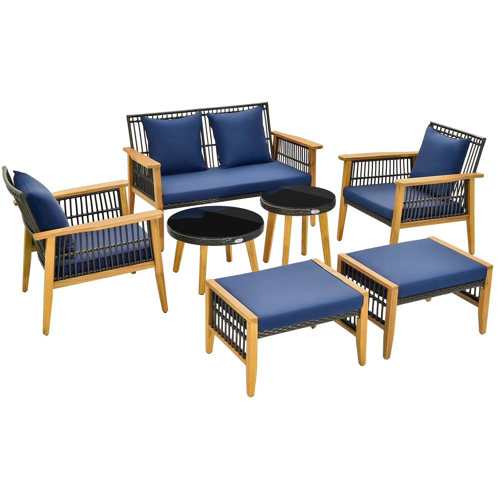 Costway 7-Piece Outdoor Conversation Set Acacia Wood Frame Navy Cushions 14378659 New