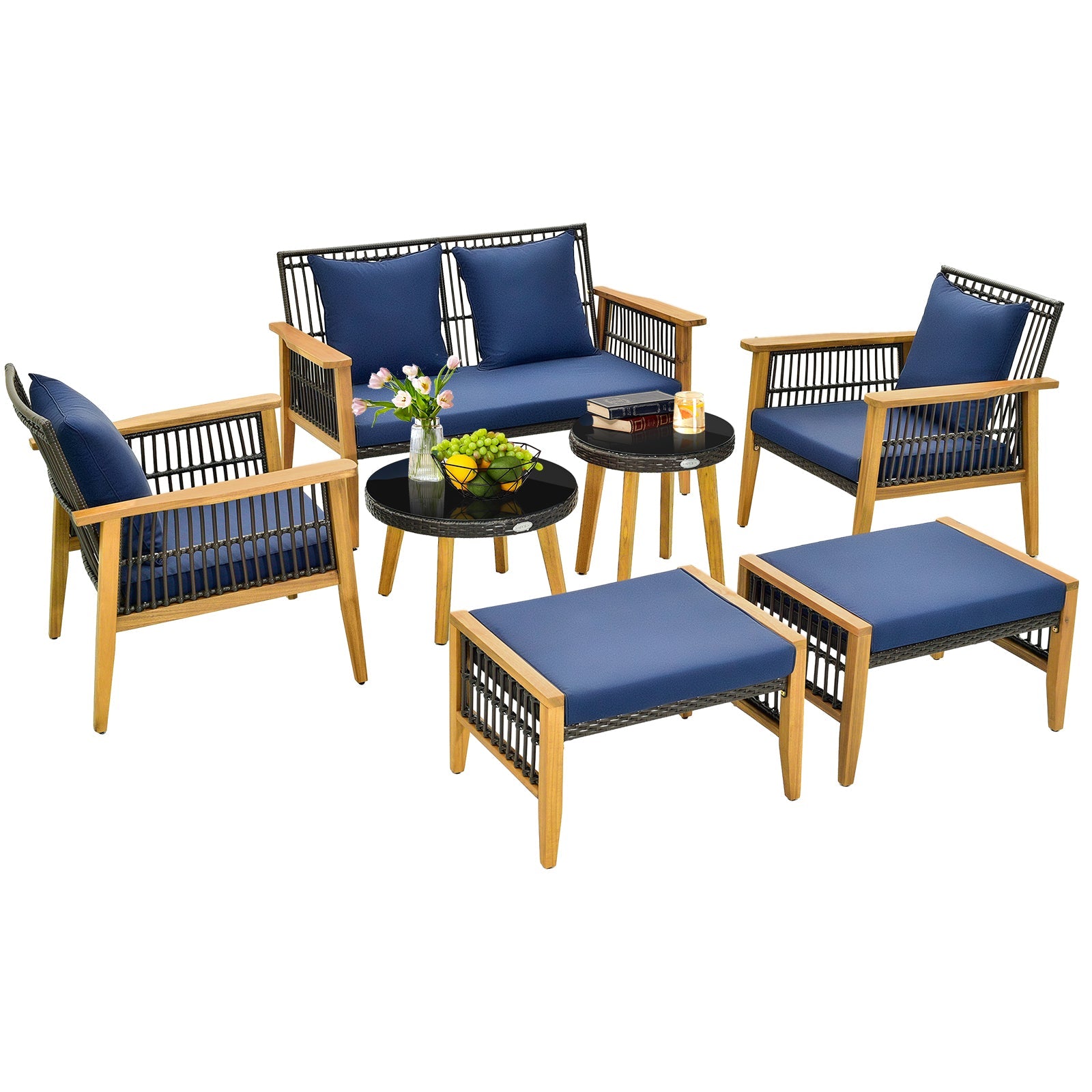Costway 7-Piece Outdoor Conversation Set Acacia Wood Frame Navy Cushions 14378659 New