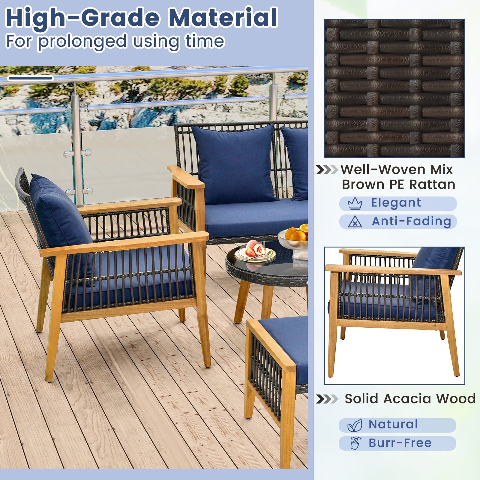 Costway 7-Piece Outdoor Conversation Set Acacia Wood Frame Navy Cushions 14378659 New