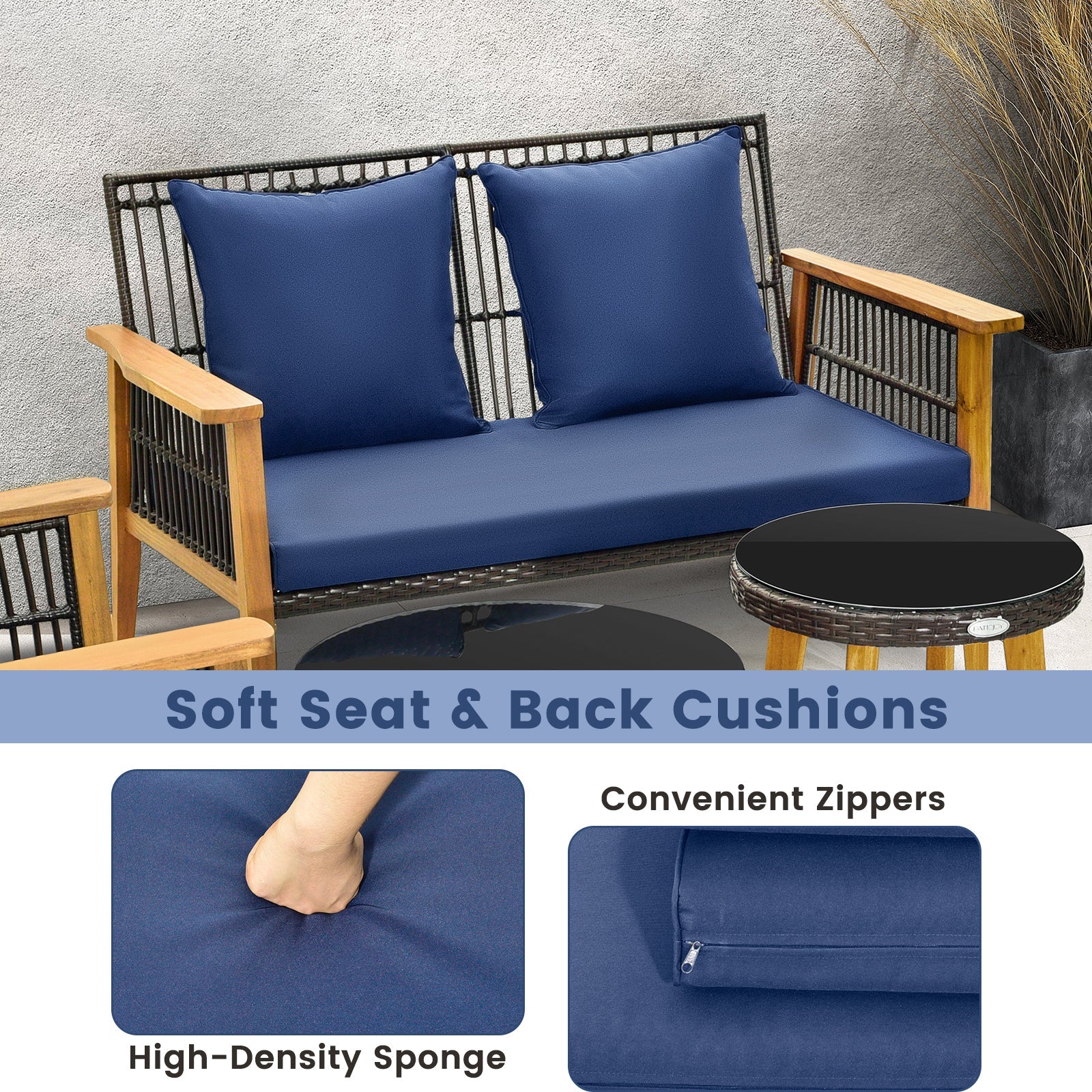 Costway 7-Piece Outdoor Conversation Set Acacia Wood Frame Navy Cushions 14378659 New