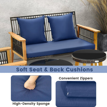 Costway 7-Piece Outdoor Conversation Set Acacia Wood Frame Navy Cushions 14378659 New