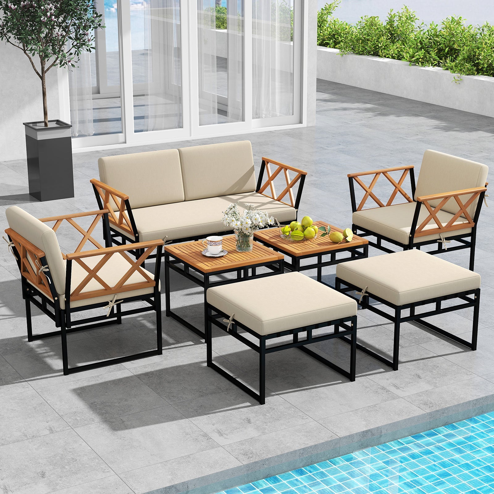 Costway 7 Piece Outdoor Patio Conversation Set w/ Cushions Bungee Rope Seat 674392158 New