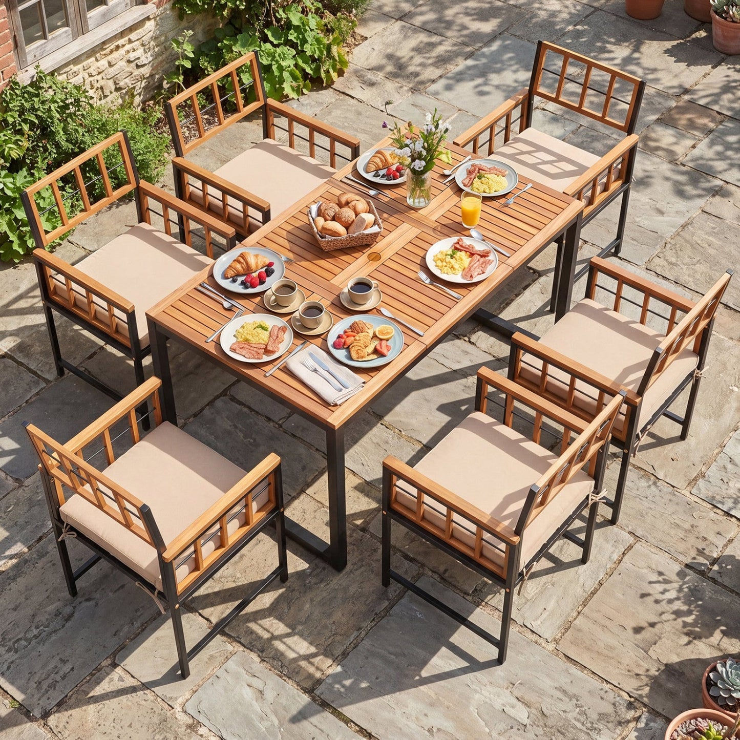 Costway 7-Piece Outdoor Patio Dining Set Acacia Wood Table Chairs Umbrella Hole 45210558 New