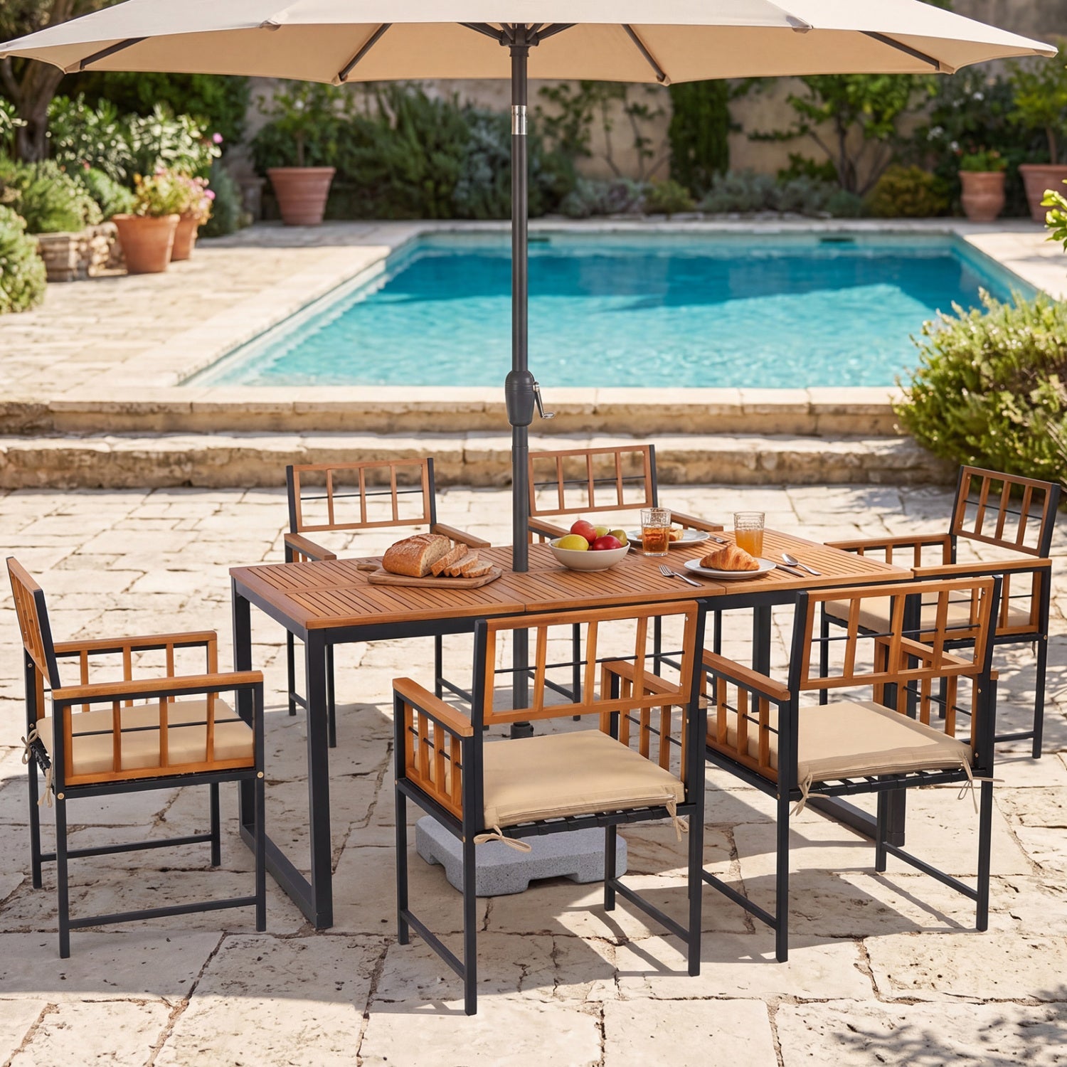 Costway 7-Piece Outdoor Patio Dining Set Acacia Wood Table Chairs Umbrella Hole 45210558 New