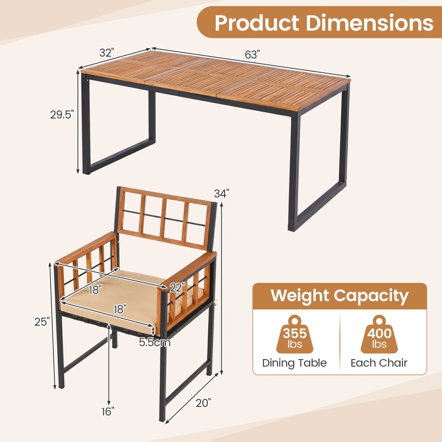 Costway 7-Piece Outdoor Patio Dining Set Acacia Wood Table Chairs Umbrella Hole 45210558 New