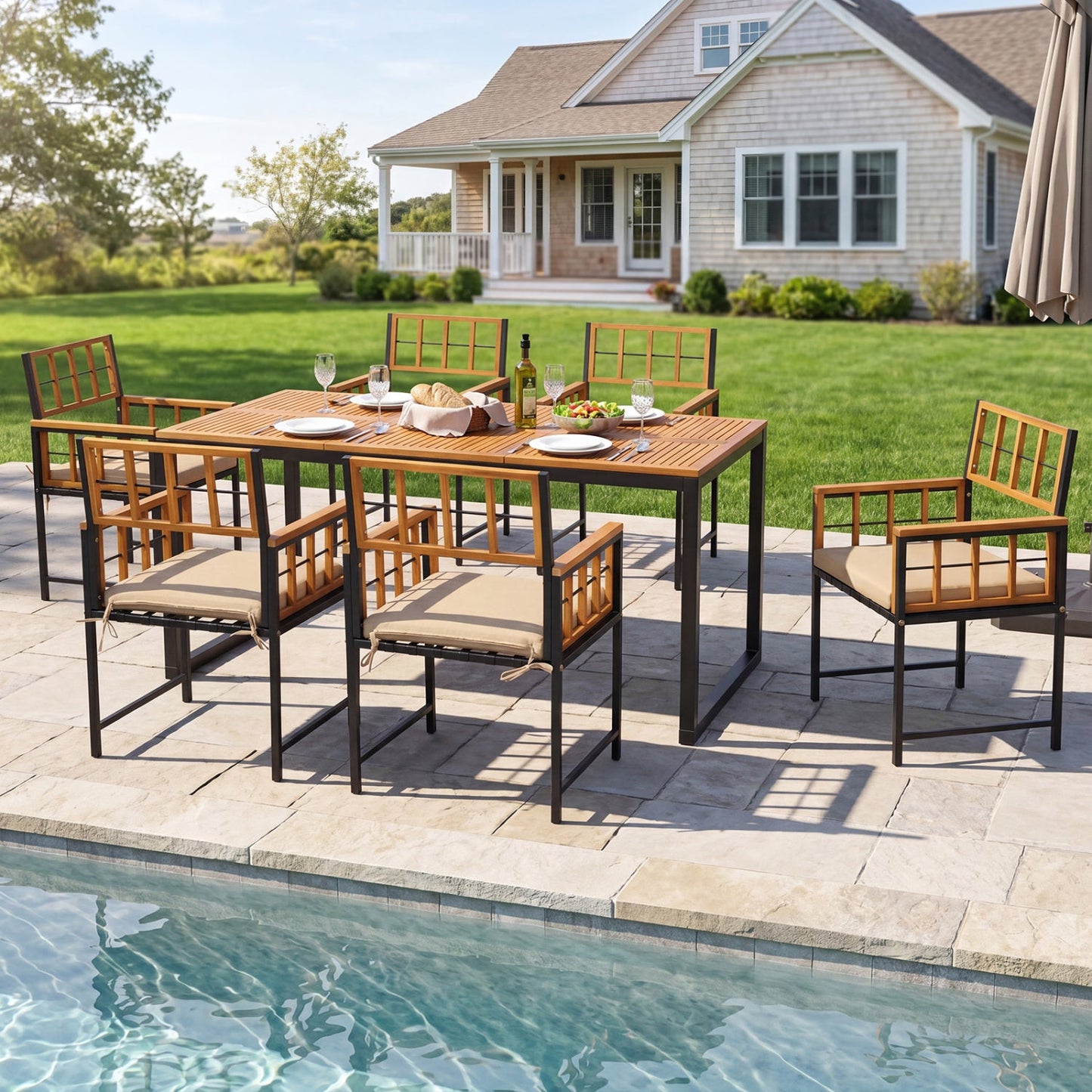 Costway 7-Piece Outdoor Patio Dining Set Acacia Wood Table Chairs Umbrella Hole 45210558 New