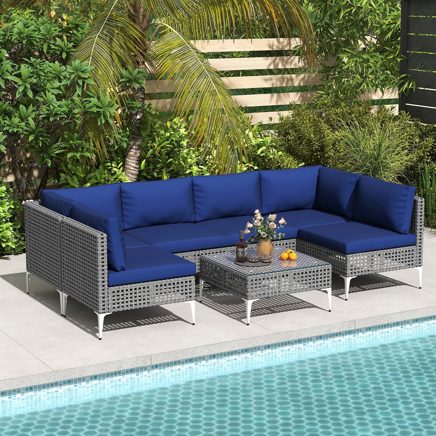Costway 7 Piece Outdoor Wicker Patio Furniture Set w/ Glass Coffee Table 571486293 New