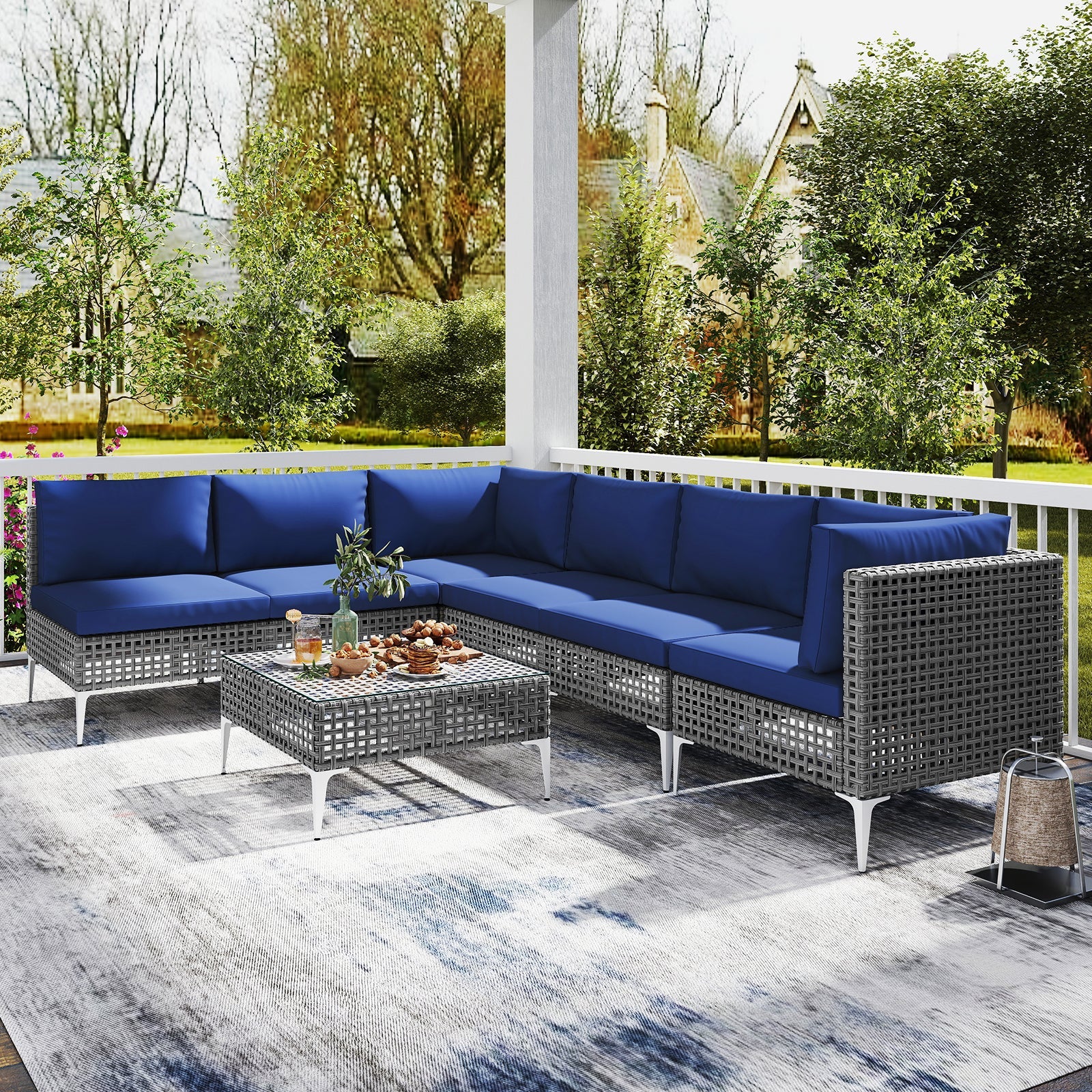 Costway 7 Piece Outdoor Wicker Patio Furniture Set w/ Glass Coffee Table 571486293 New