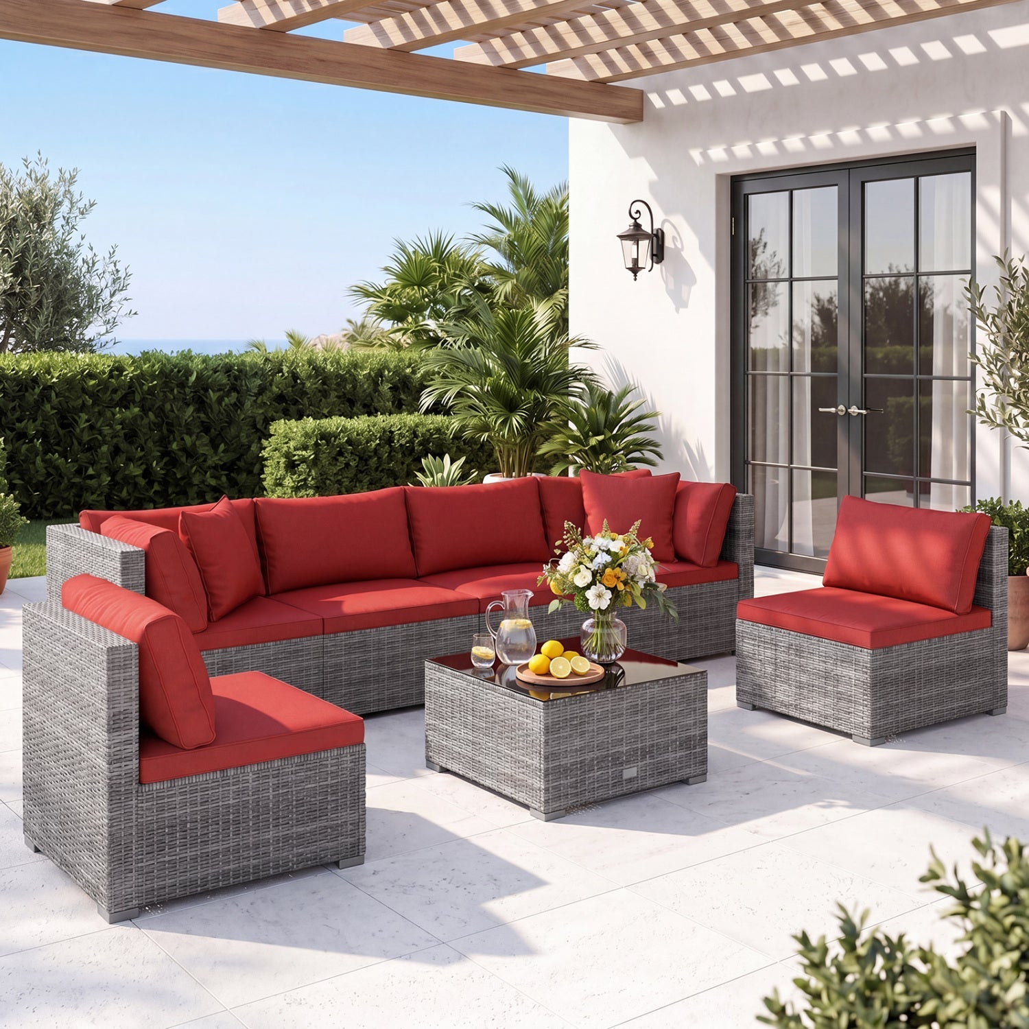 Costway 7-Piece PE Rattan Patio Furniture Set Glass Table Soft Cushions Outdoor 80563632 New