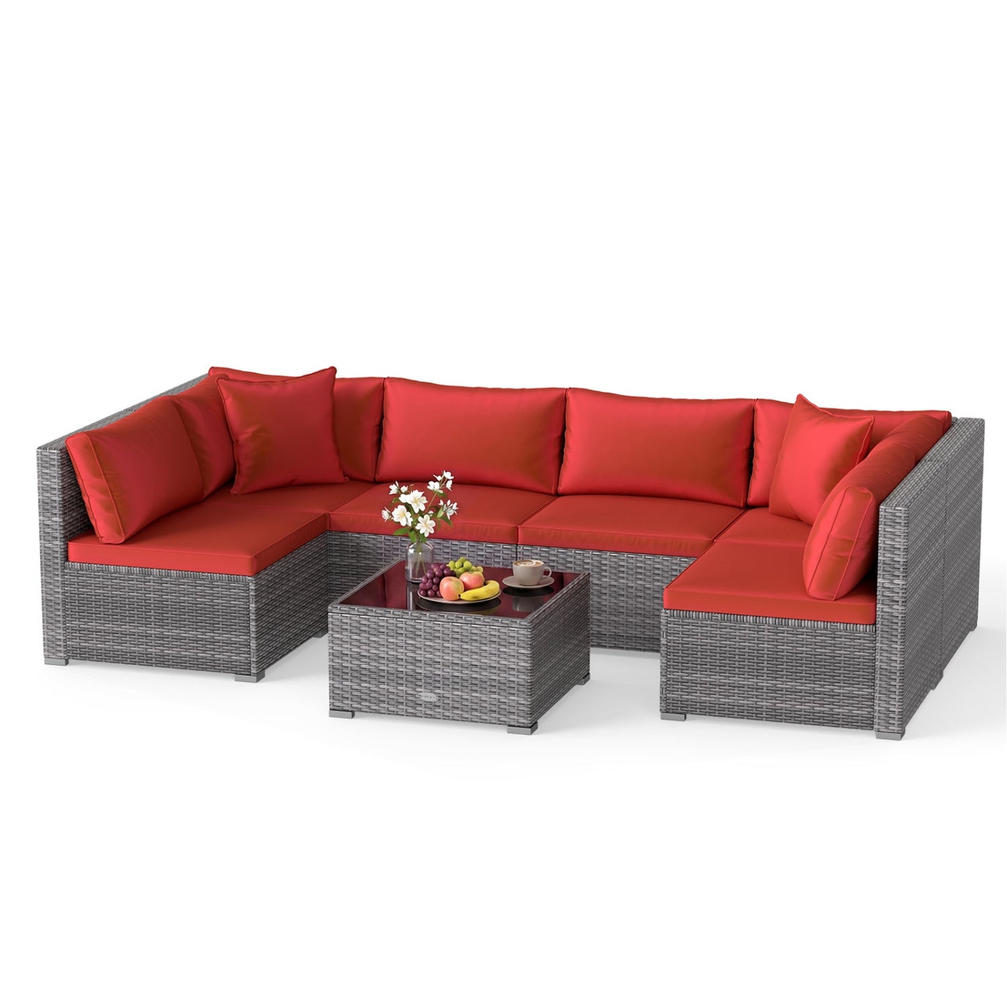 Costway 7-Piece PE Rattan Patio Furniture Set Glass Table Soft Cushions Outdoor 80563632 New