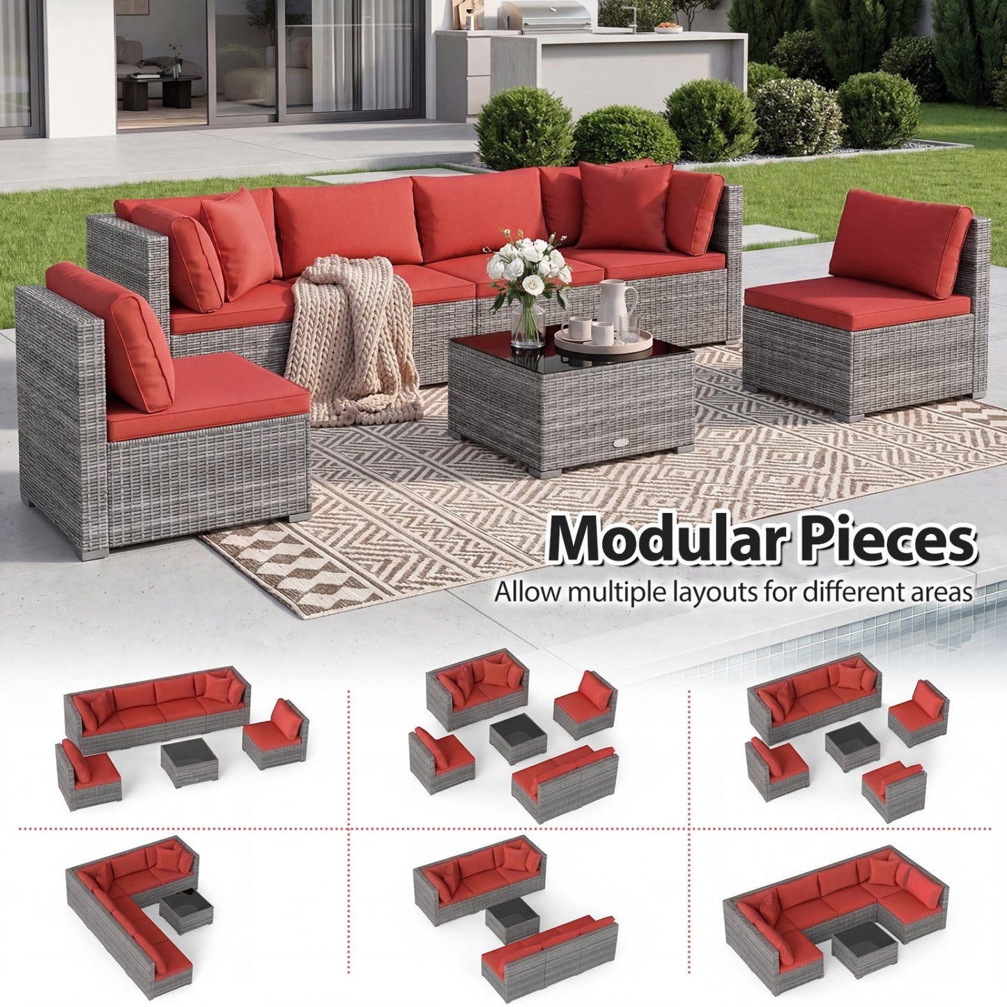 Costway 7-Piece PE Rattan Patio Furniture Set Glass Table Soft Cushions Outdoor 80563632 New