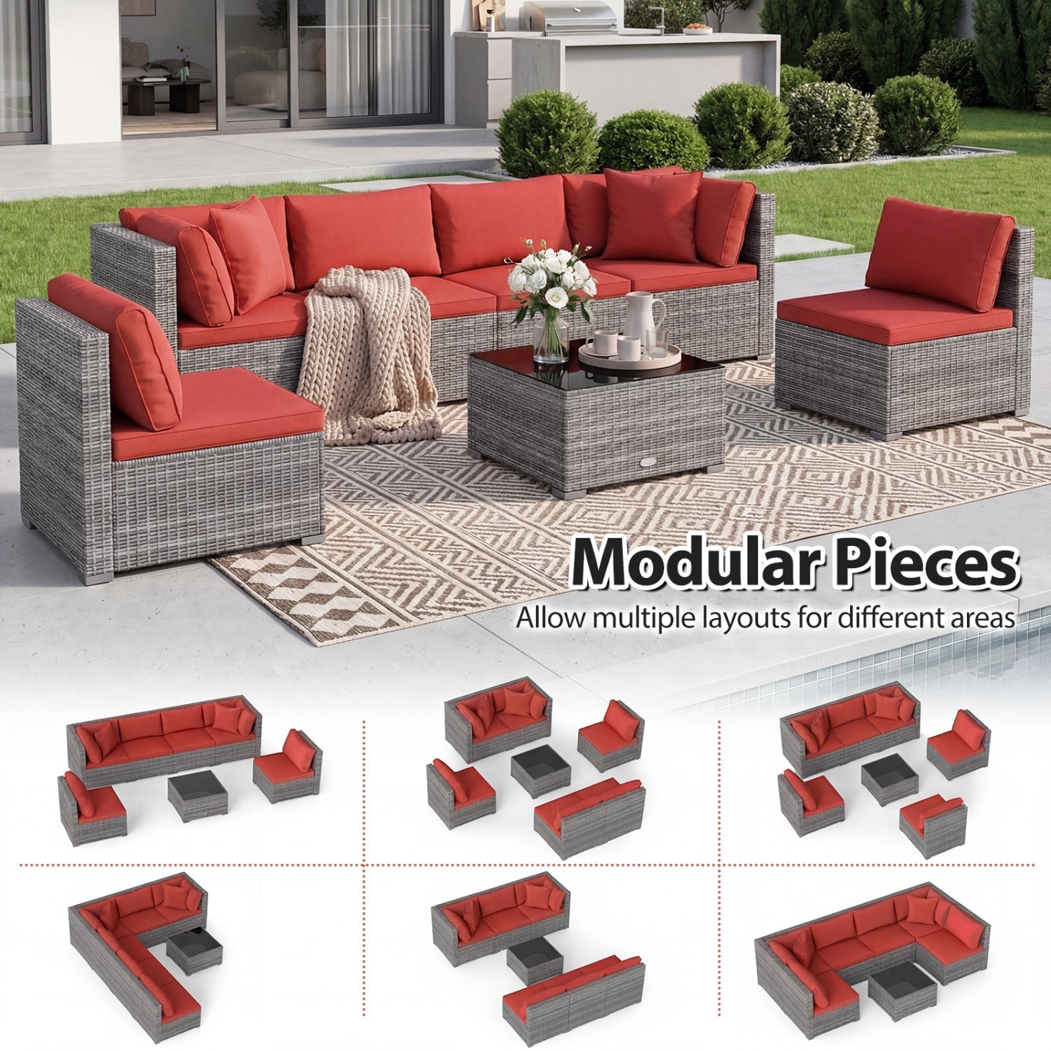 Costway 7-Piece PE Rattan Patio Furniture Set Glass Table Soft Cushions Outdoor 80563632 New