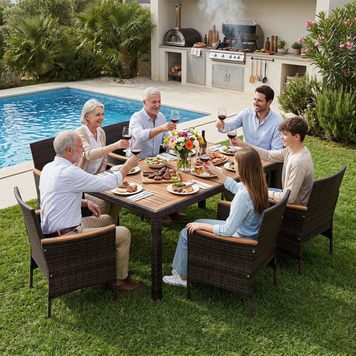Costway 7-Piece Patio Dining Set Wood Tabletop Padded Cushions 12555000 New