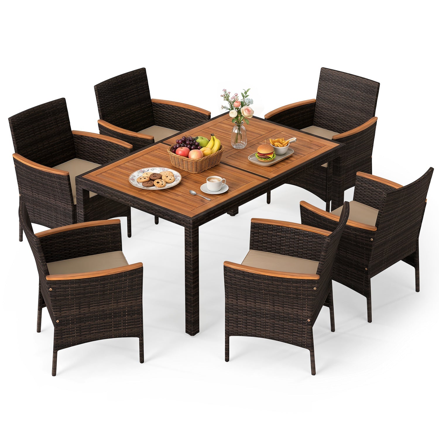 Costway 7-Piece Patio Dining Set Wood Tabletop Padded Cushions 12555000 New