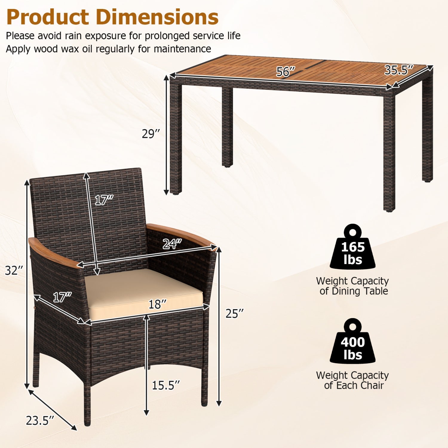 Costway 7-Piece Patio Dining Set Wood Tabletop Padded Cushions 12555000 New