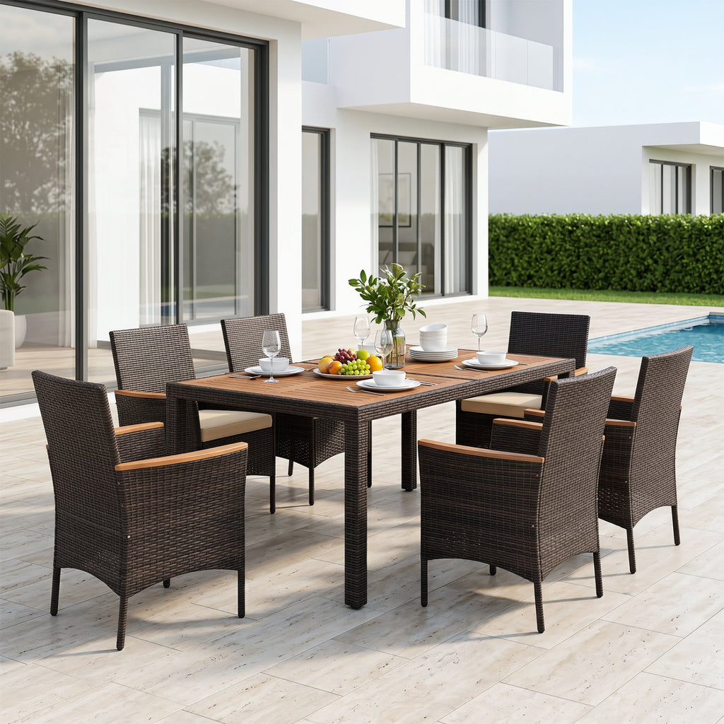 Costway 7-Piece Patio Dining Set Wood Tabletop Padded Cushions 12555000 New
