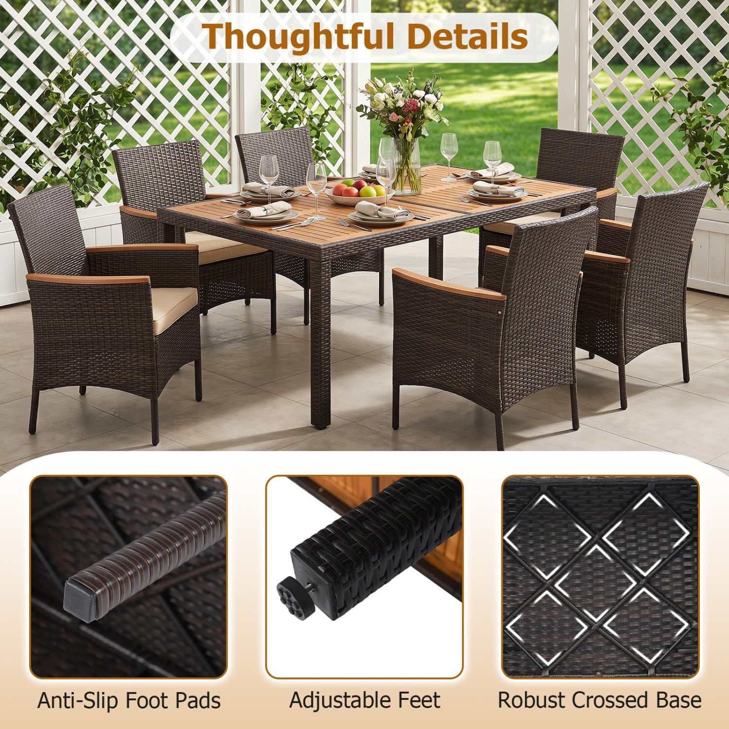 Costway 7-Piece Patio Dining Set Wood Tabletop Padded Cushions 12555000 New