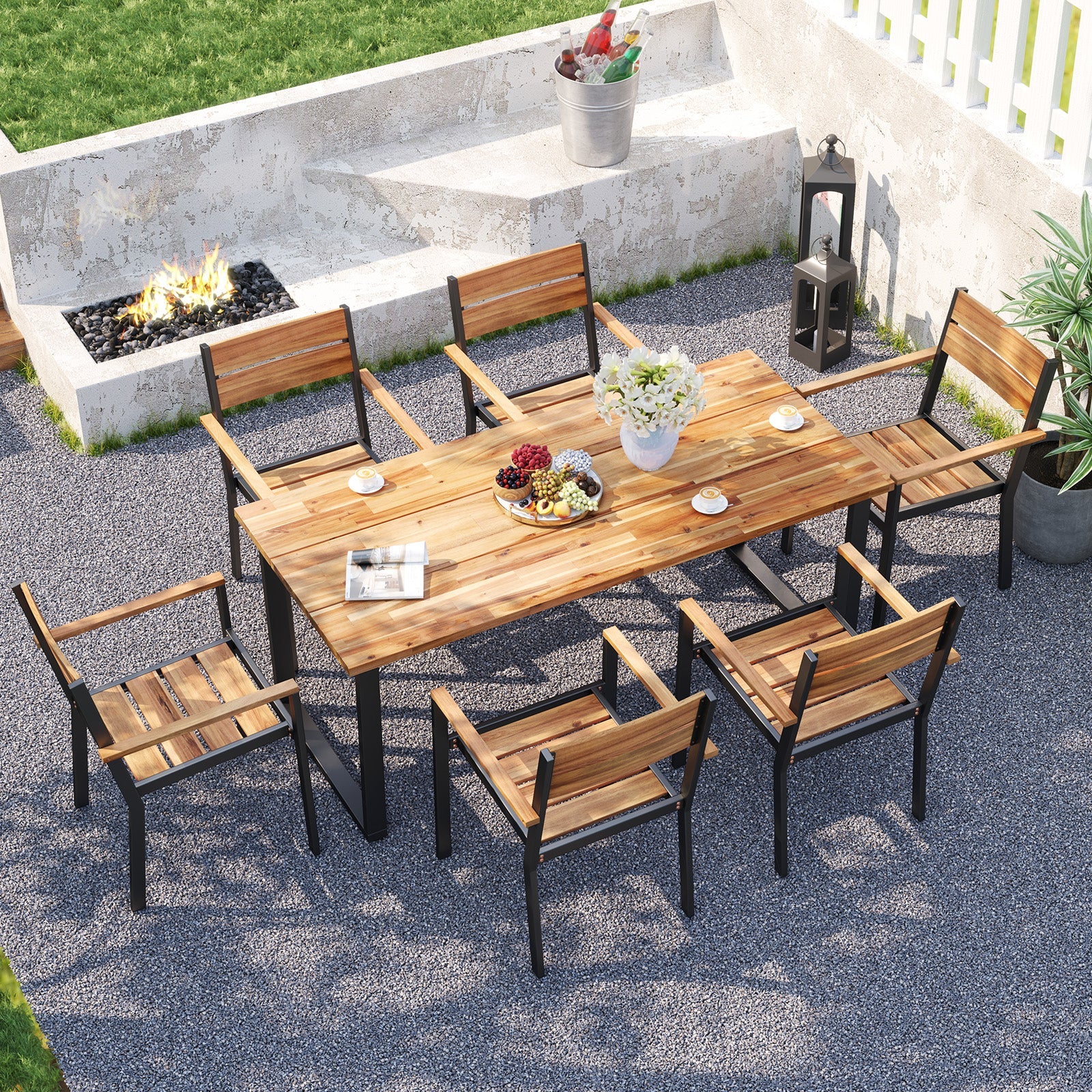 Costway 7-Pc Acacia Wood Patio Dining Set Metal Frame 2" Umbrella Hole 387592614 New