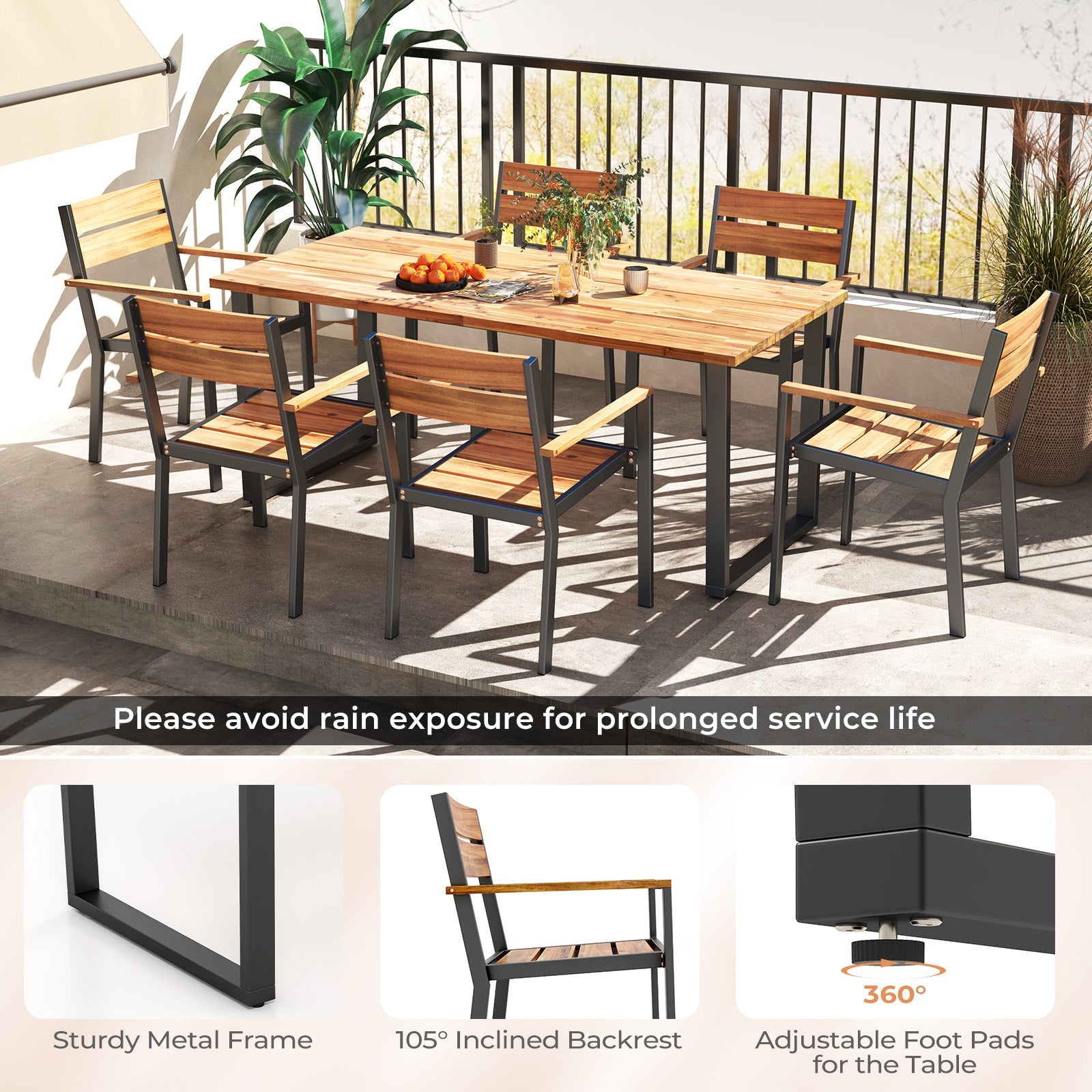 Costway 7-Pc Acacia Wood Patio Dining Set Metal Frame 2" Umbrella Hole 387592614 New
