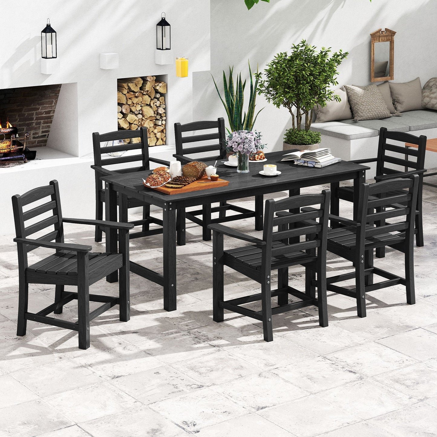 Costway 7-Pc Outdoor Patio Dining Set 67" Rectangle Table w/ 6 Armchairs 48238329 New