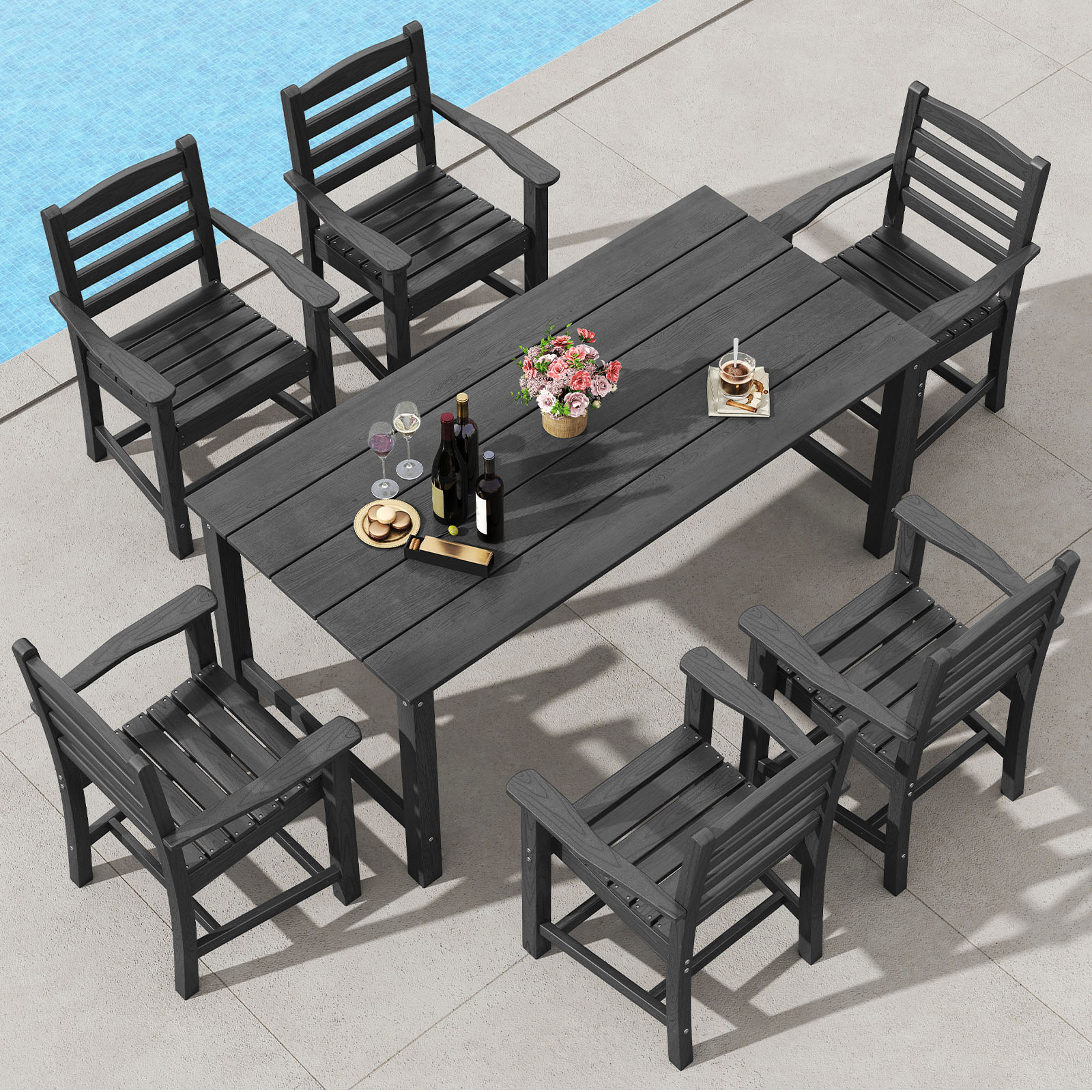 Costway 7-Pc Outdoor Patio Dining Set 67" Rectangle Table w/ 6 Armchairs 48238329 New