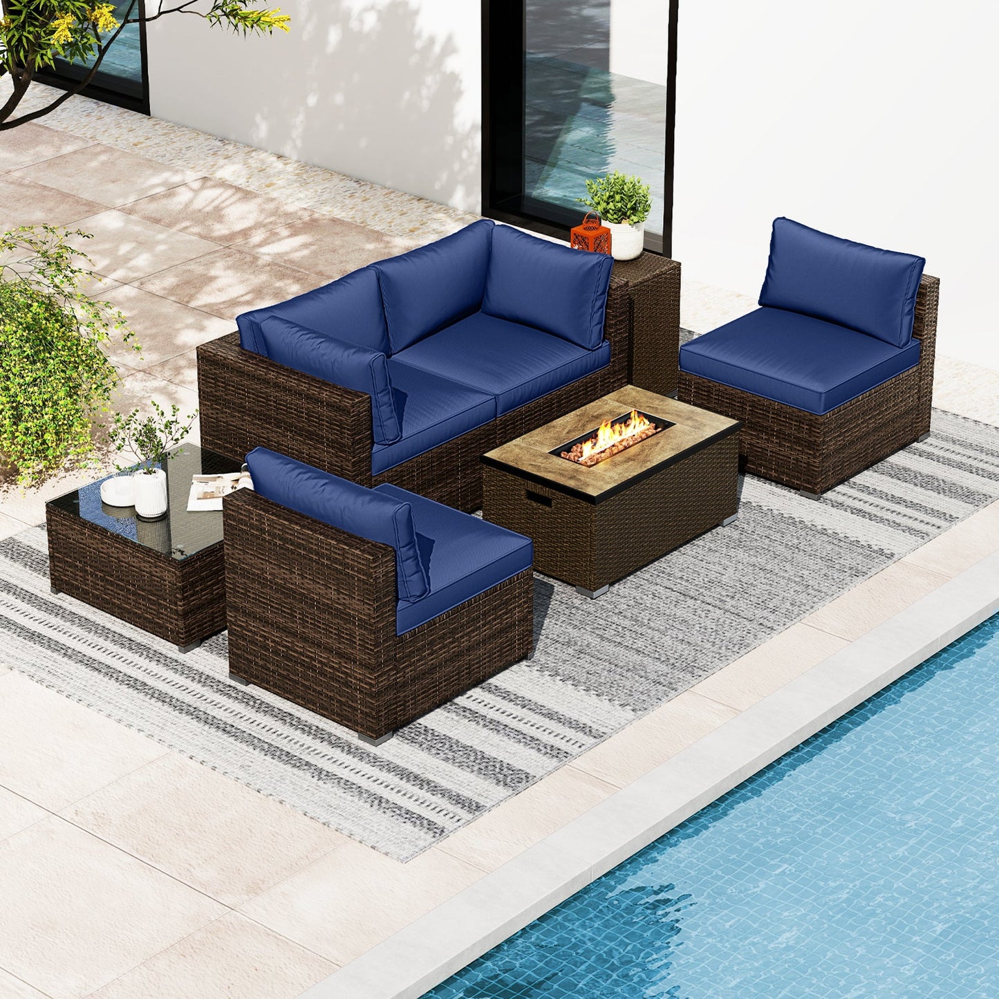 Costway 7-Piece Outdoor Patio Furniture Set w/ 32" Fire Pit Table & Propane Tank Cover 39289544 New
