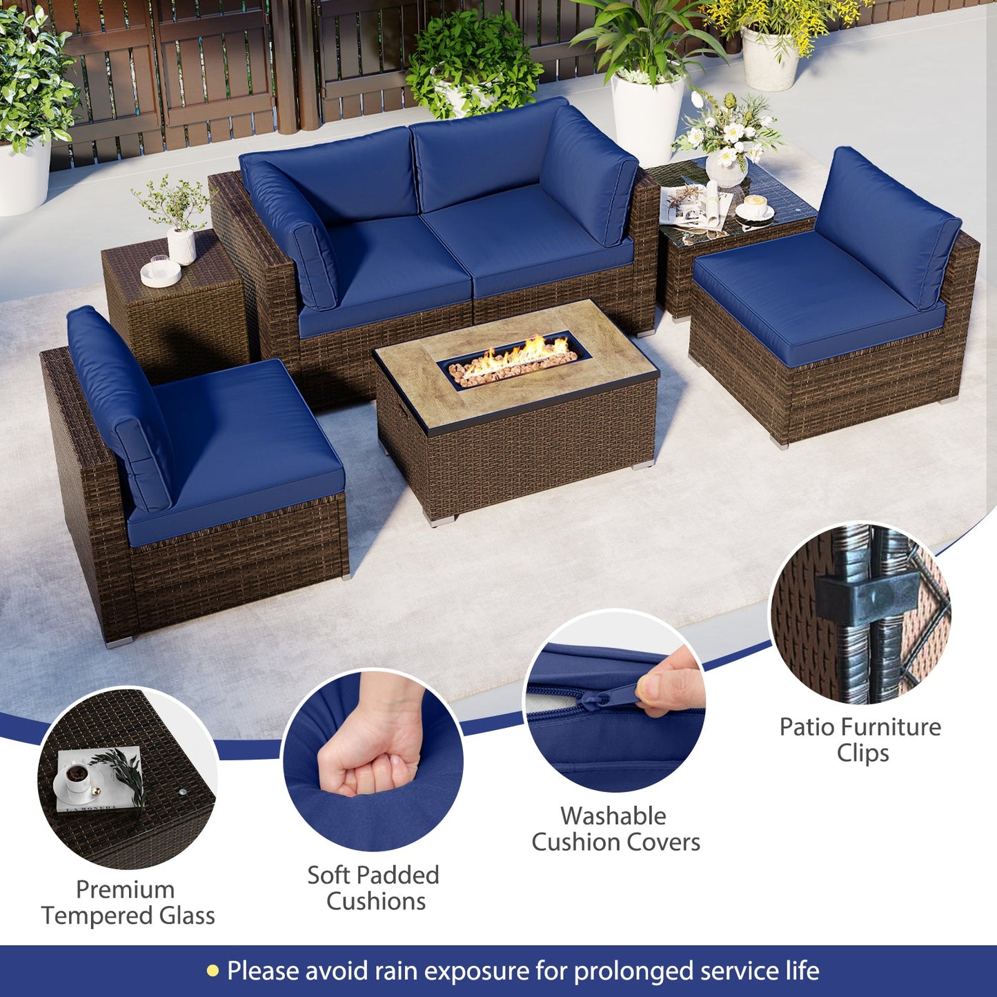 Costway 7-Piece Outdoor Patio Furniture Set w/ 32" Fire Pit Table & Propane Tank Cover 39289544 New