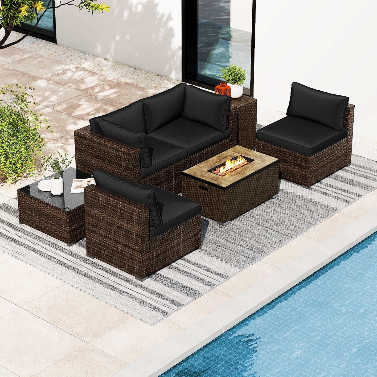 Costway 7-Piece Outdoor Patio Furniture Set w/ 32" Fire Pit Table & Propane Tank Cover 39289544 New
