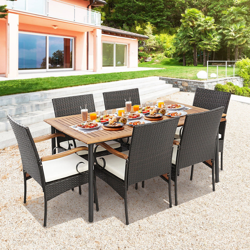 Costway 7-Pc Patio Wicker Dining Set w/ Cushions Umbrella Hole 51489362 New