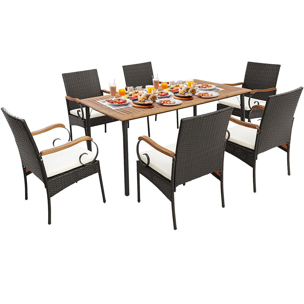 Costway 7-Pc Patio Wicker Dining Set w/ Cushions Umbrella Hole 51489362 New