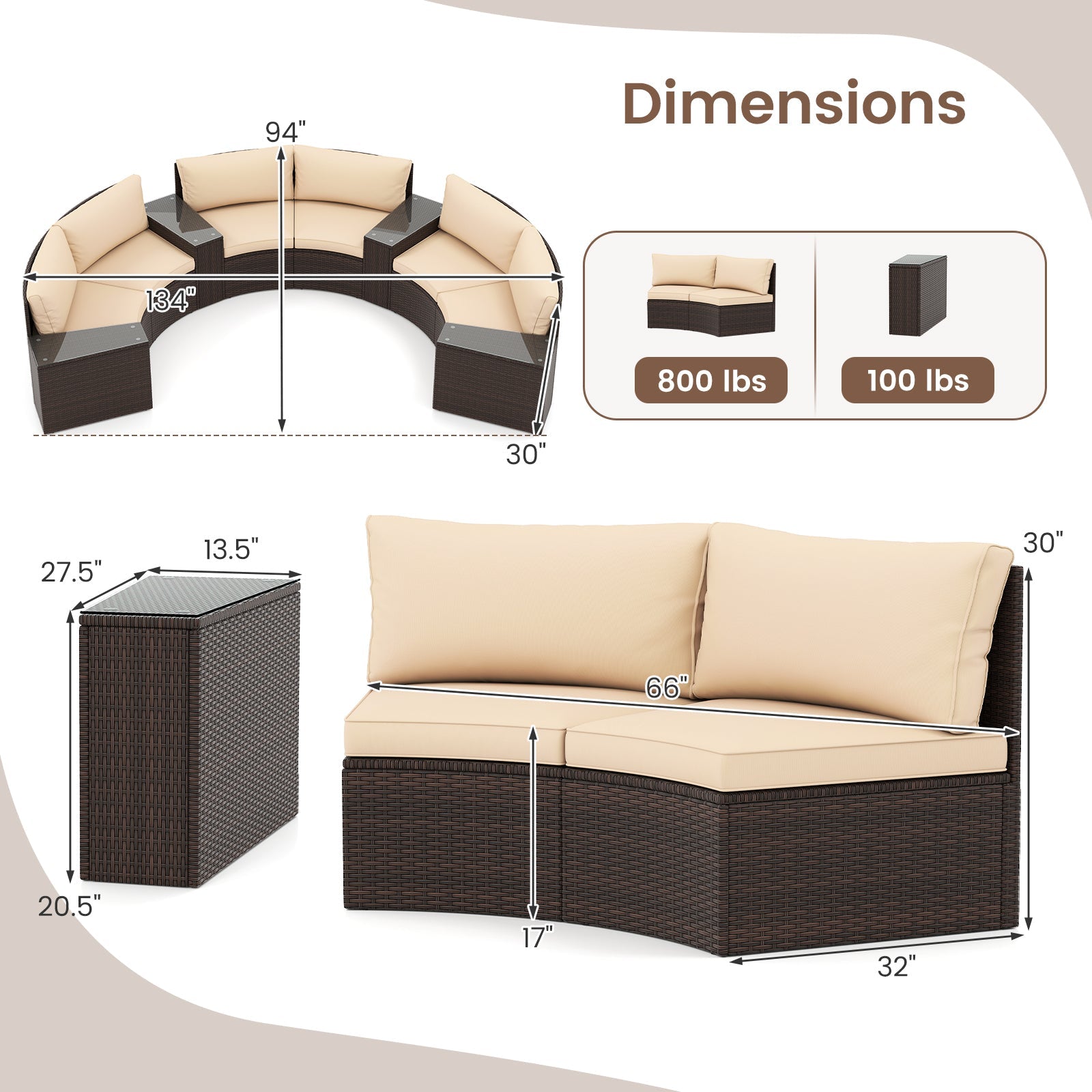 Costway 7-Pc PE Rattan Half-Moon Curved Patio Furniture Set with Side Tables 368295714 New