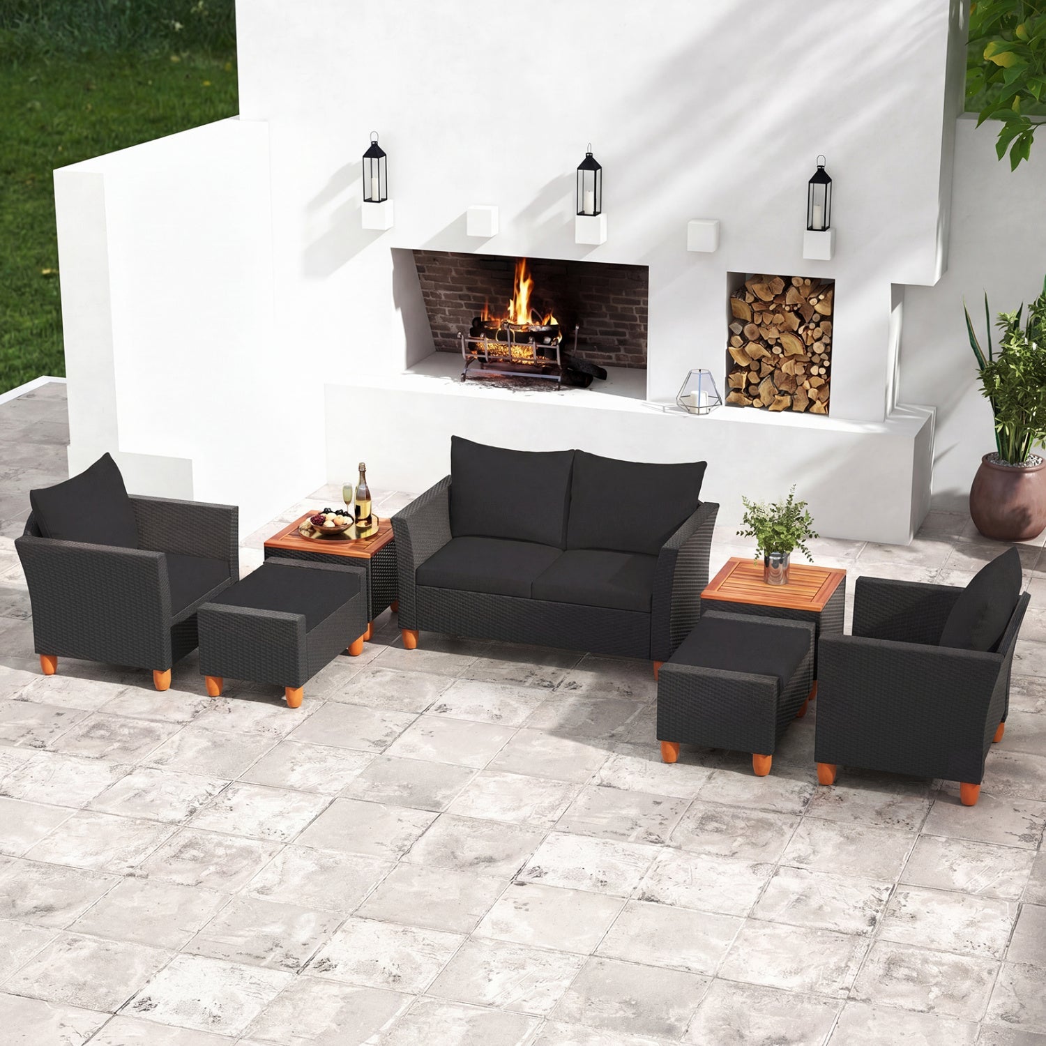 Costway 7-Pc Patio PE Rattan Sectional Sofa Set w/ Armchairs & Table 28739654 New
