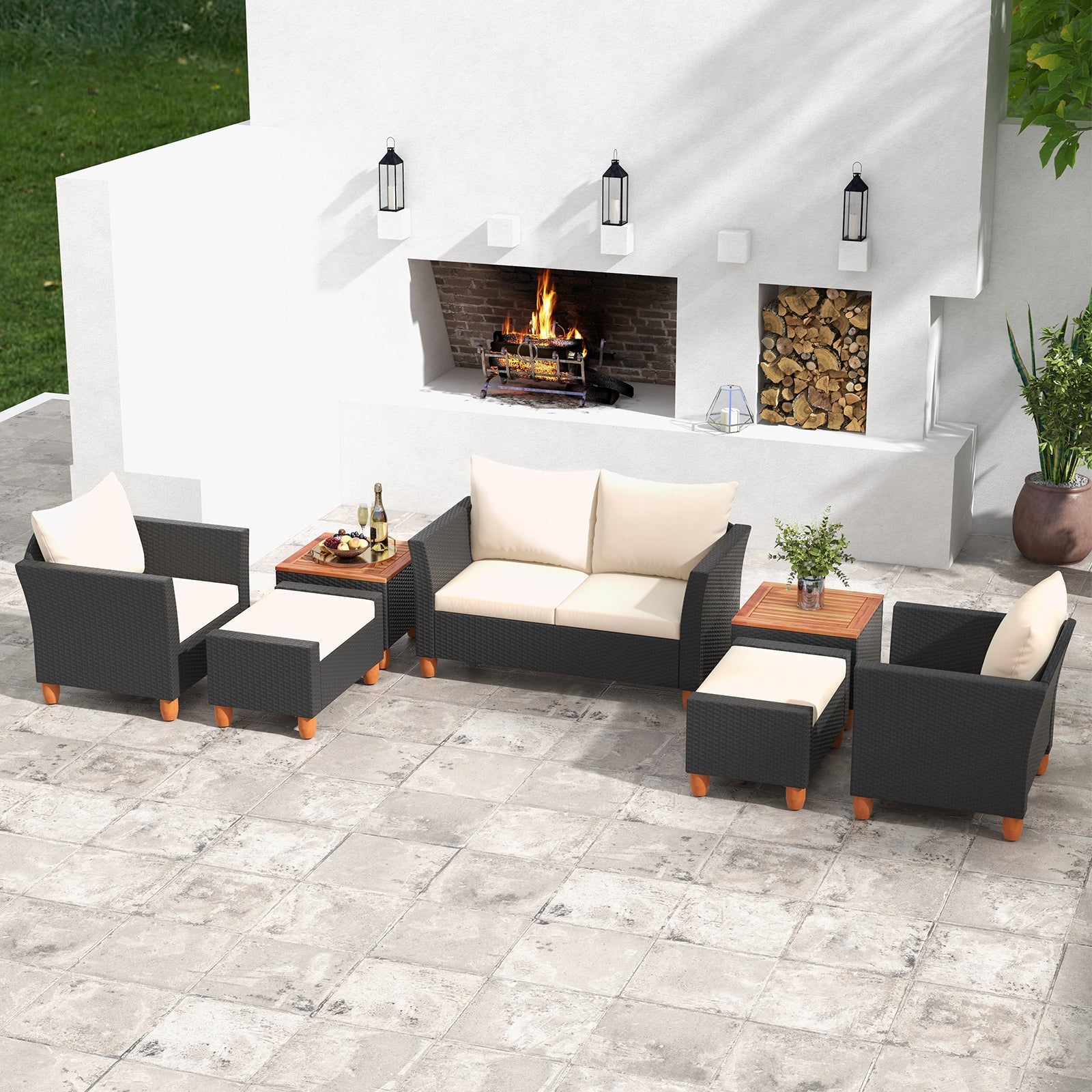 Costway 7-Pc Patio PE Rattan Sectional Sofa Set w/ Armchairs & Table 28739654 New