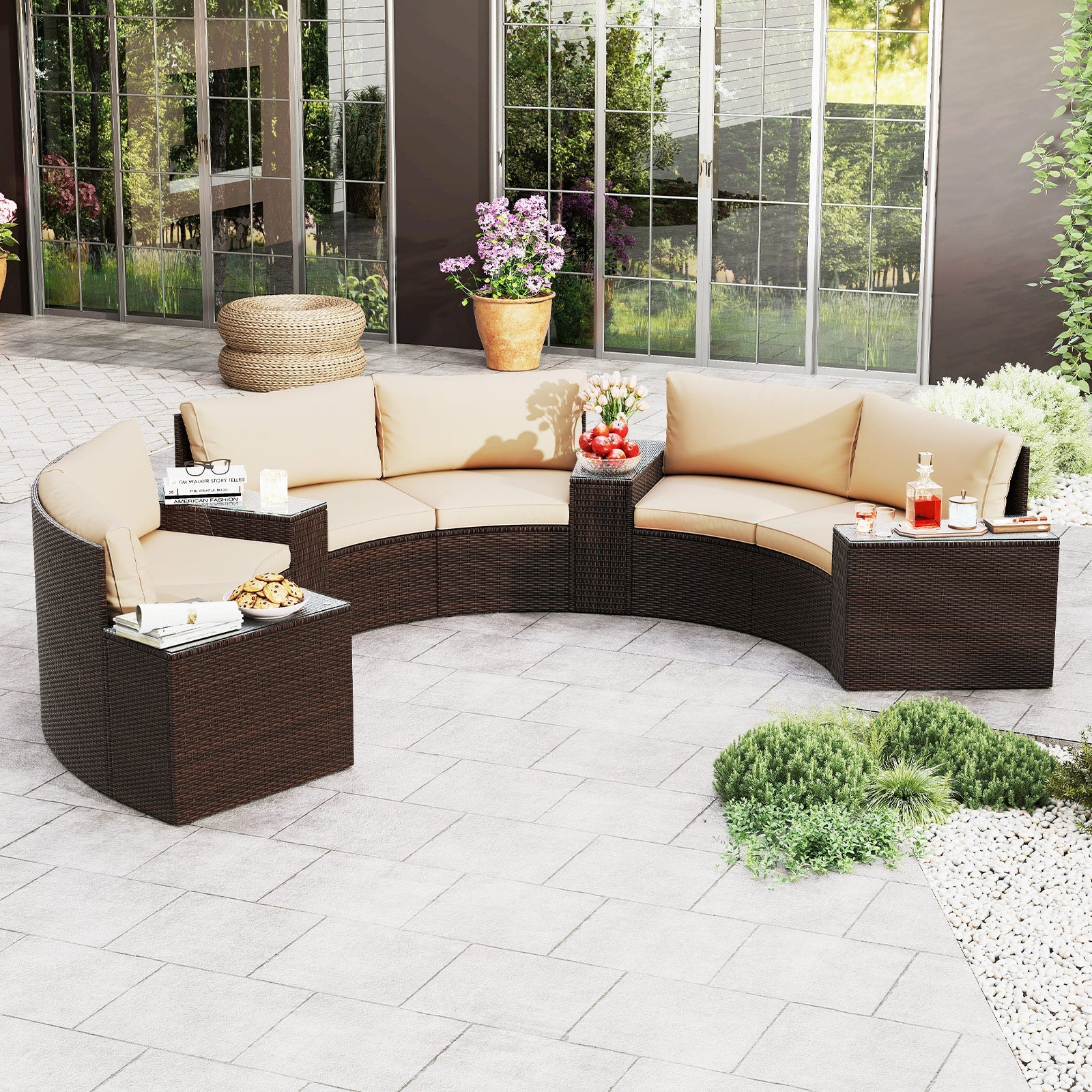 Costway 7-Pc PE Rattan Half-Moon Curved Patio Furniture Set with Side Tables 368295714 New