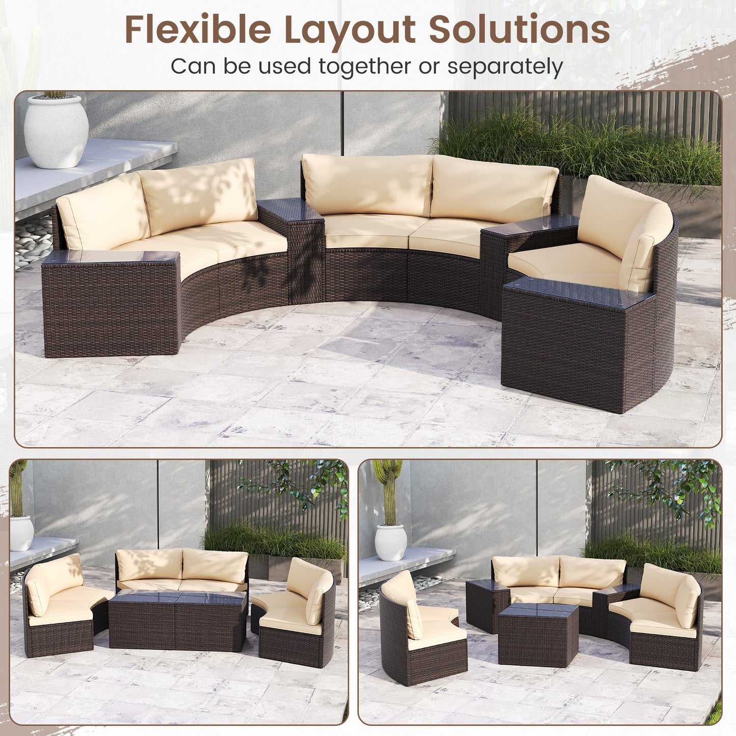 Costway 7-Pc PE Rattan Half-Moon Curved Patio Furniture Set with Side Tables 368295714 New