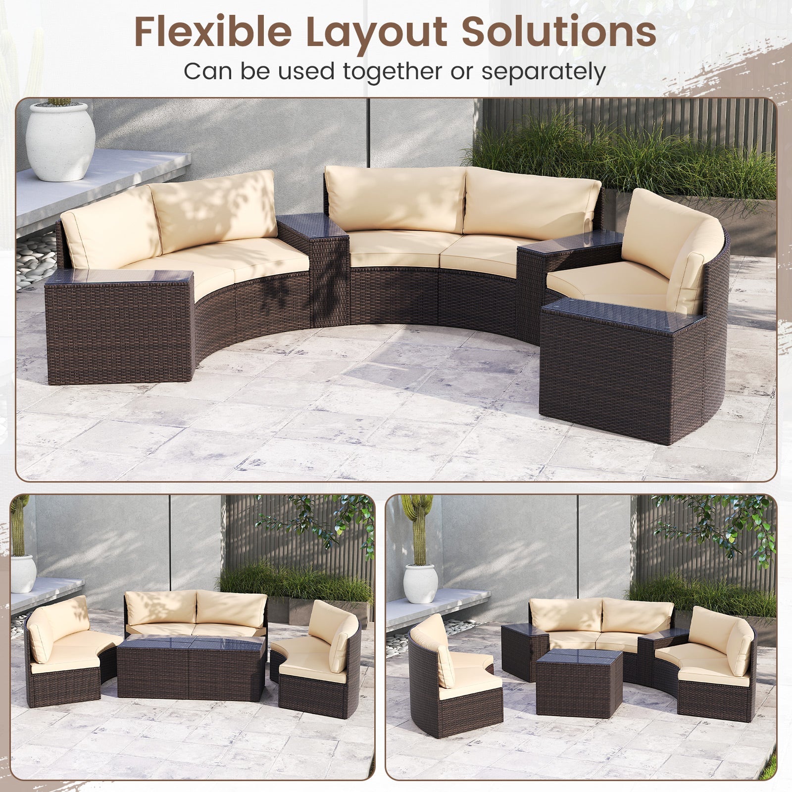 Costway 7-Pc PE Rattan Half-Moon Curved Patio Furniture Set with Side Tables 368295714 New