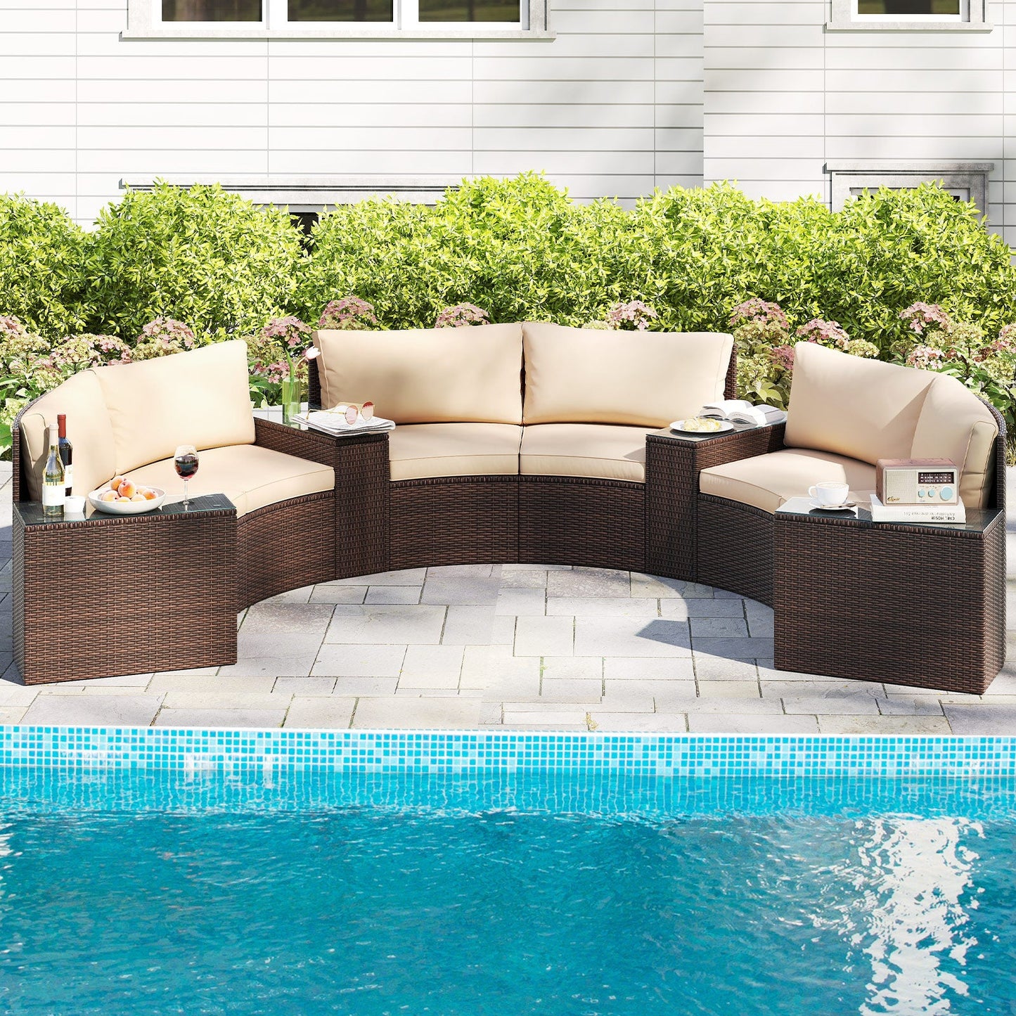 Costway 7-Pc PE Rattan Half-Moon Curved Patio Furniture Set with Side Tables 368295714 New