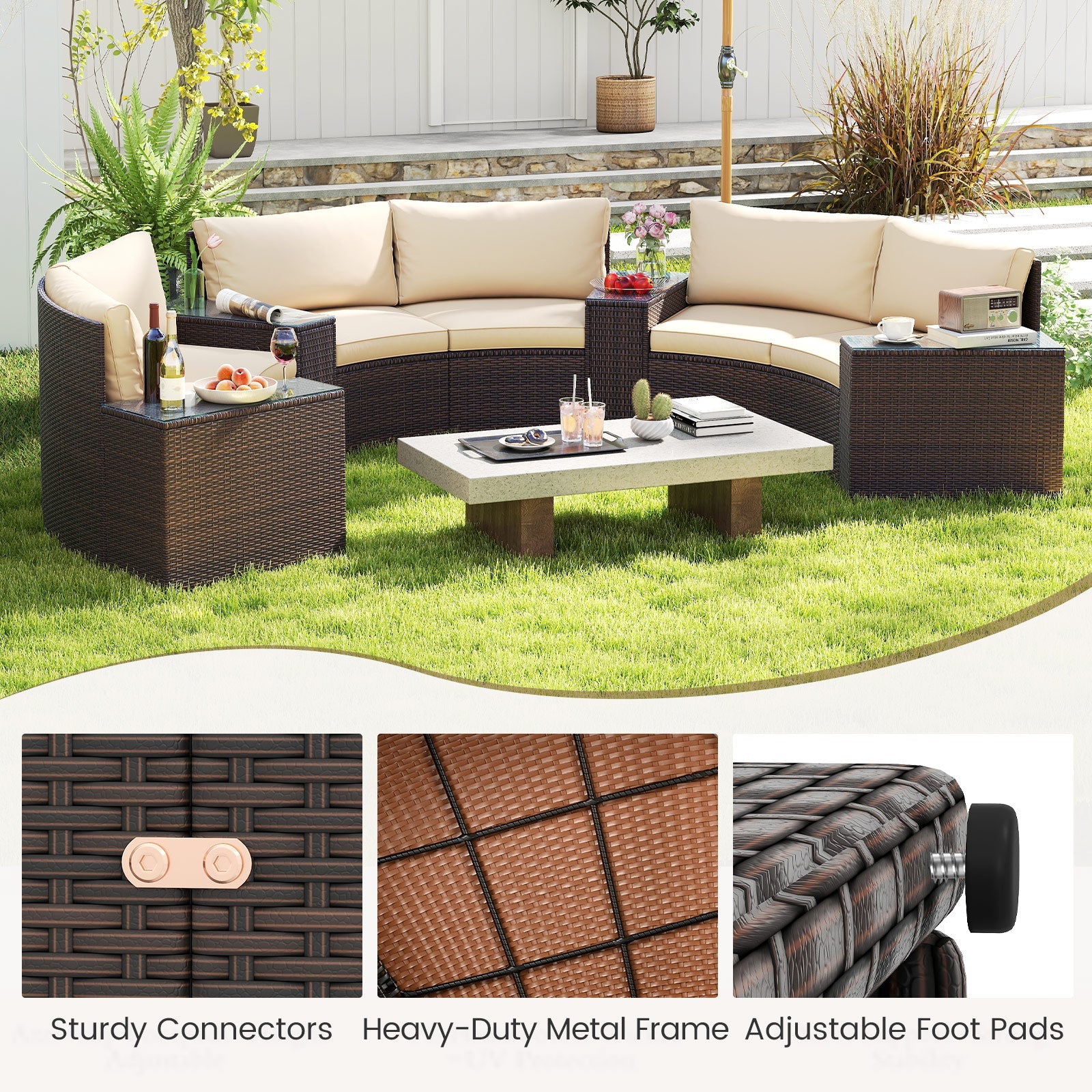 Costway 7-Pc PE Rattan Half-Moon Curved Patio Furniture Set with Side Tables 368295714 New