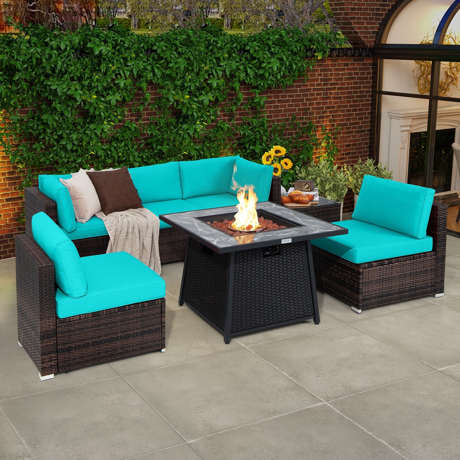 Costway 7-Pc Patio Furniture Set w/ 35" 50000 BTU Propane Gas Fire Pit Table & Waterproof Cover 96487235 New