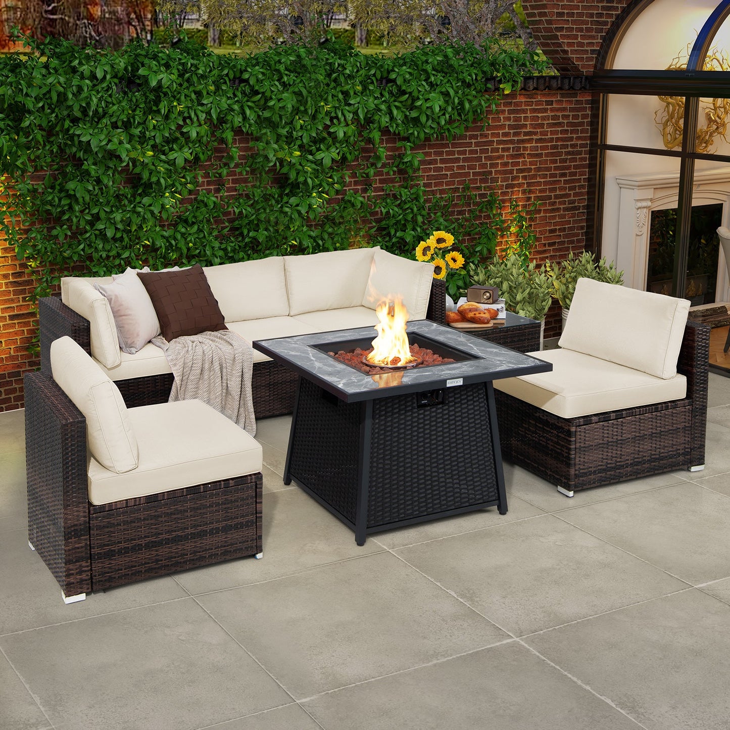 Costway 7-Pc Patio Furniture Set w/ 35" 50000 BTU Propane Gas Fire Pit Table & Waterproof Cover 96487235 New