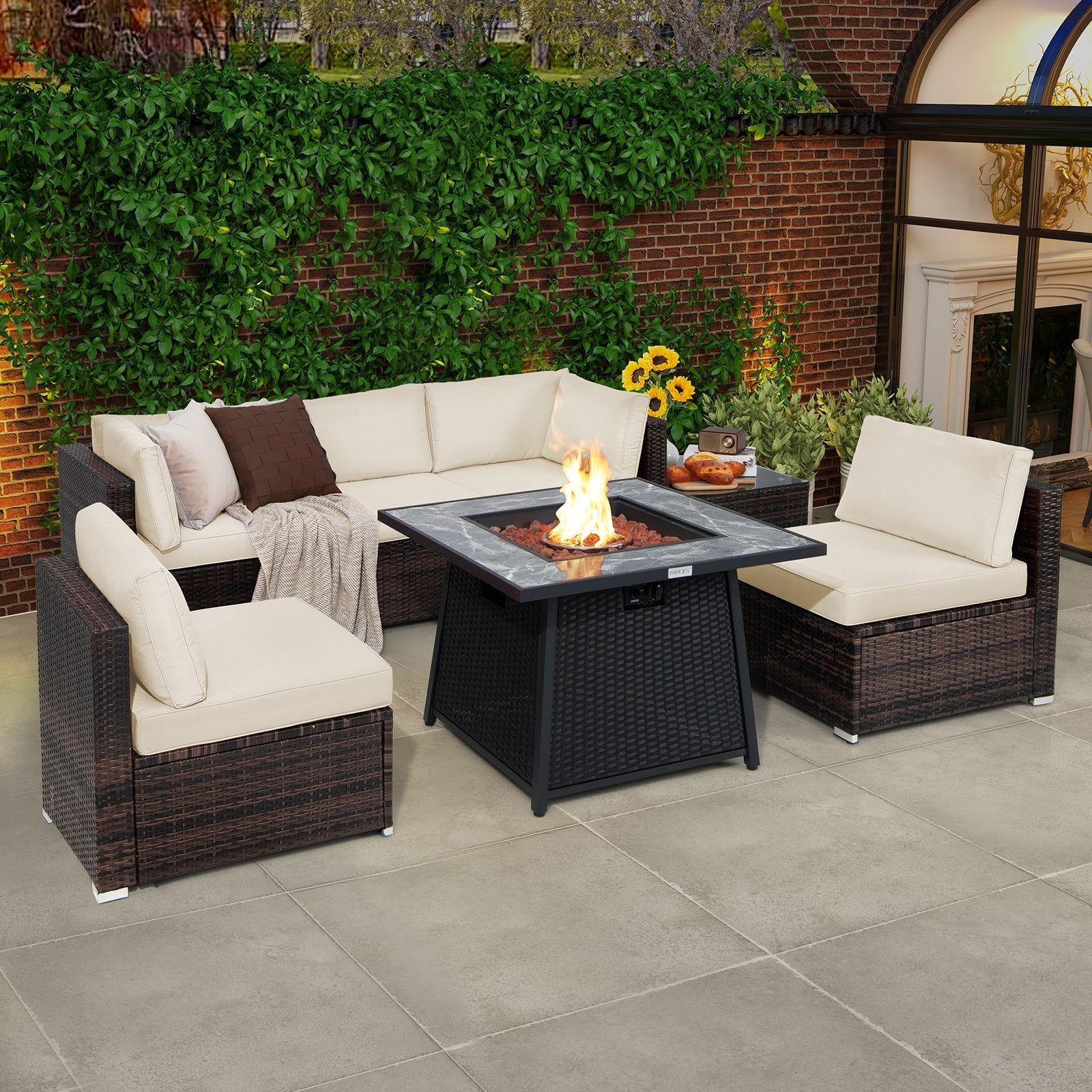 Costway 7-Pc Patio Furniture Set w/ 35" 50000 BTU Propane Gas Fire Pit Table & Waterproof Cover 96487235 New