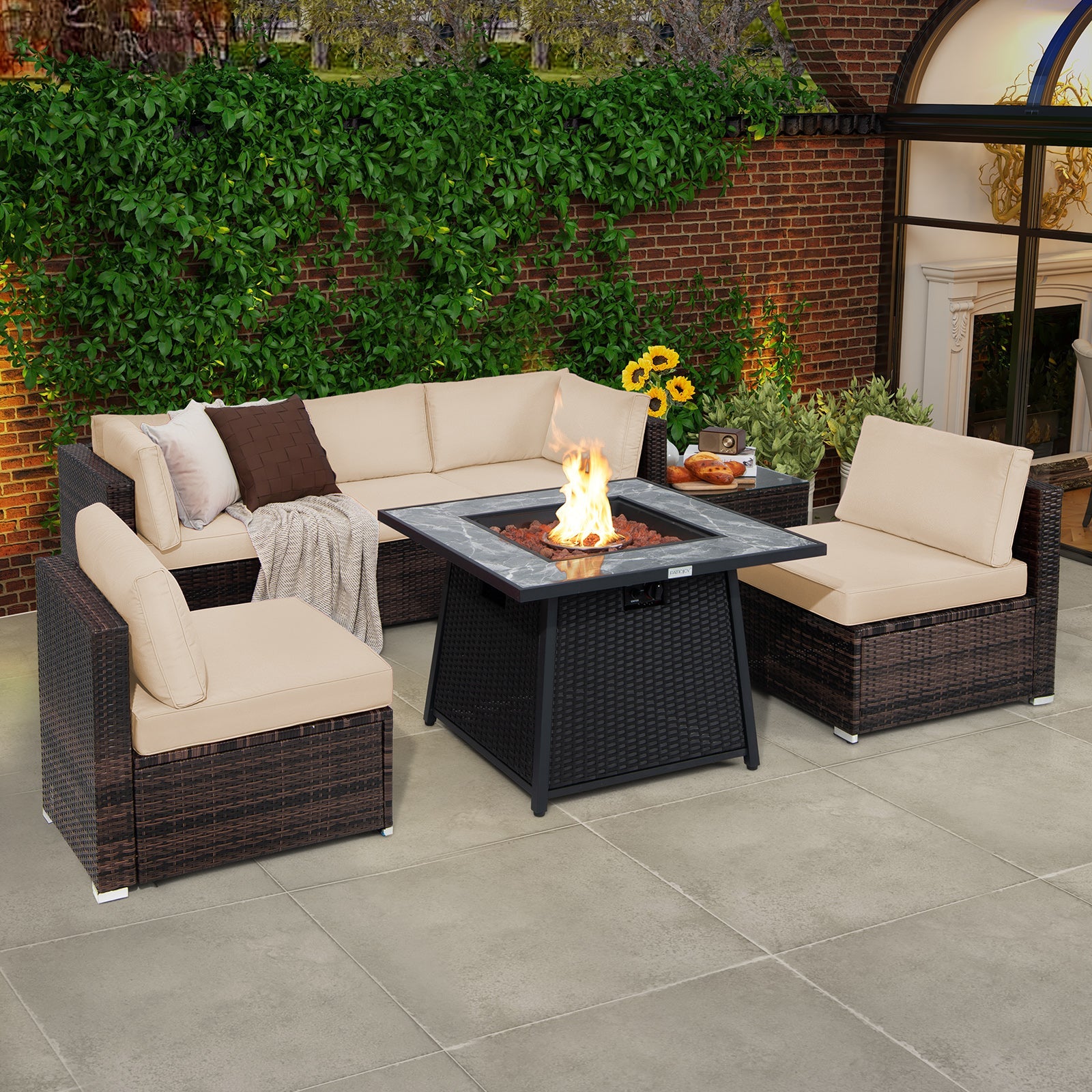 Costway 7-Pc Patio Furniture Set w/ 35" 50000 BTU Propane Gas Fire Pit Table & Waterproof Cover 96487235 New